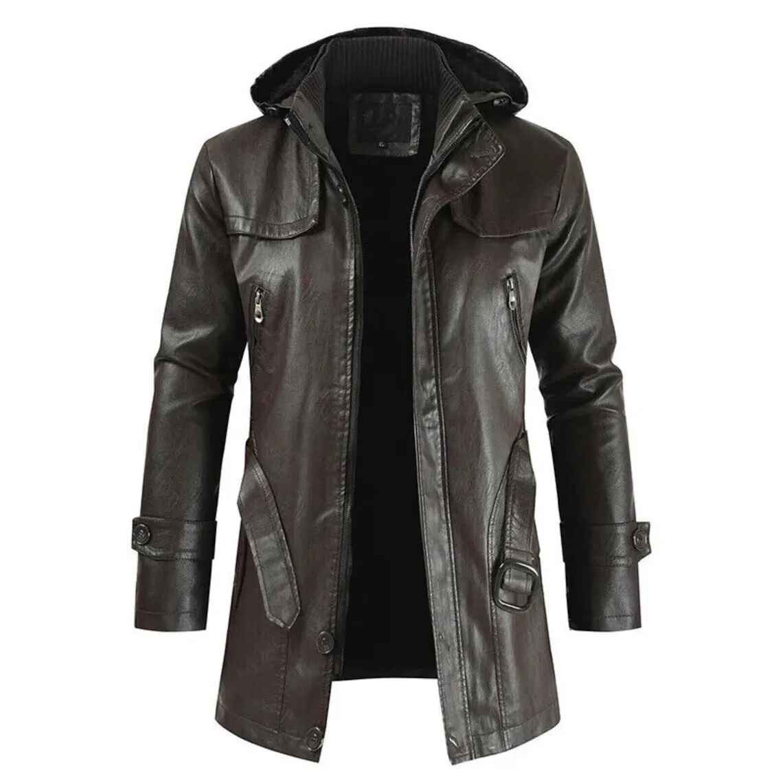 Men's Dark Brown Leather Hooded Field Coat with Zip Pockets